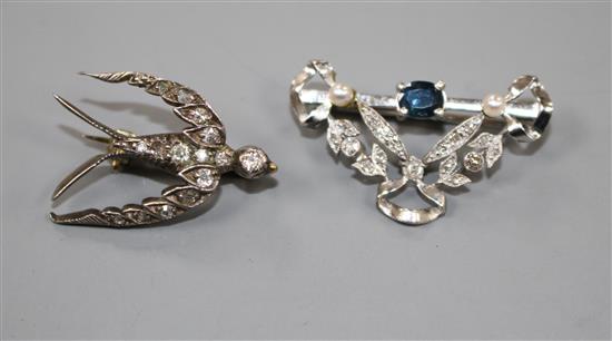 A Victorian yellow and white metal, diamond set swallow brooch and a later diamond and sapphire brooch (a.f.), swallow 24mm. Brooch 3.2